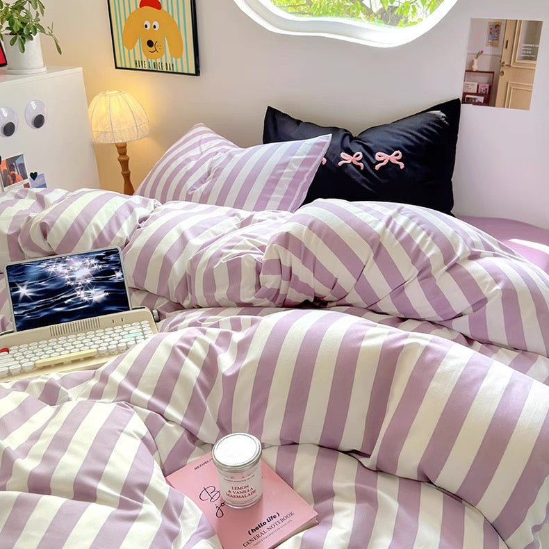 Purple Striped Cotton Bedding Set