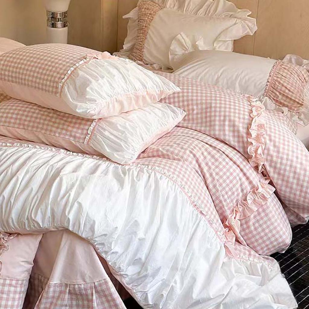 Pink Gingham with Bow Ruched Bedding Set