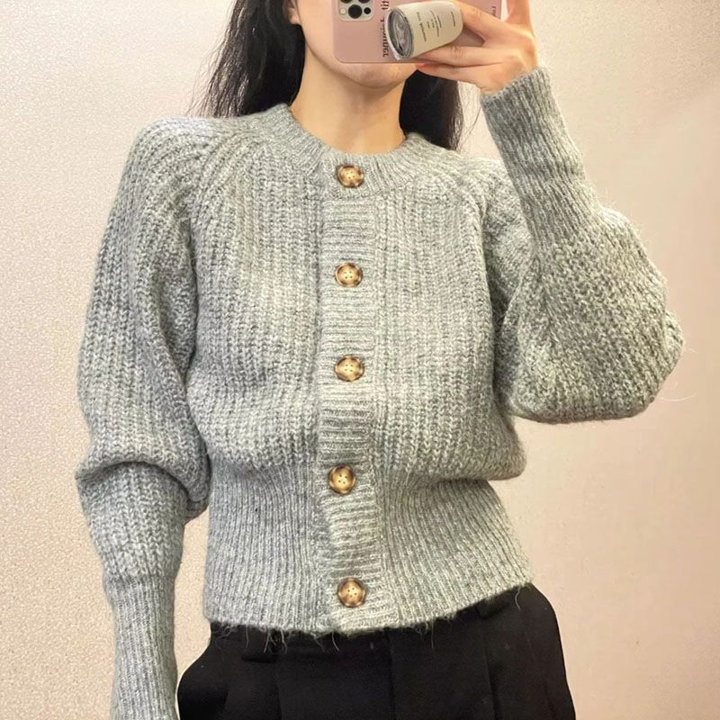 Grey Ribbed Knit Cardigan Round Neck Button Sweater Knitwear