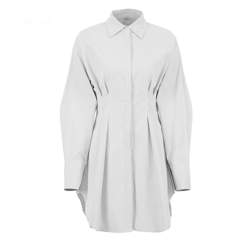 White Pleated Waist Mini Shirt Dress