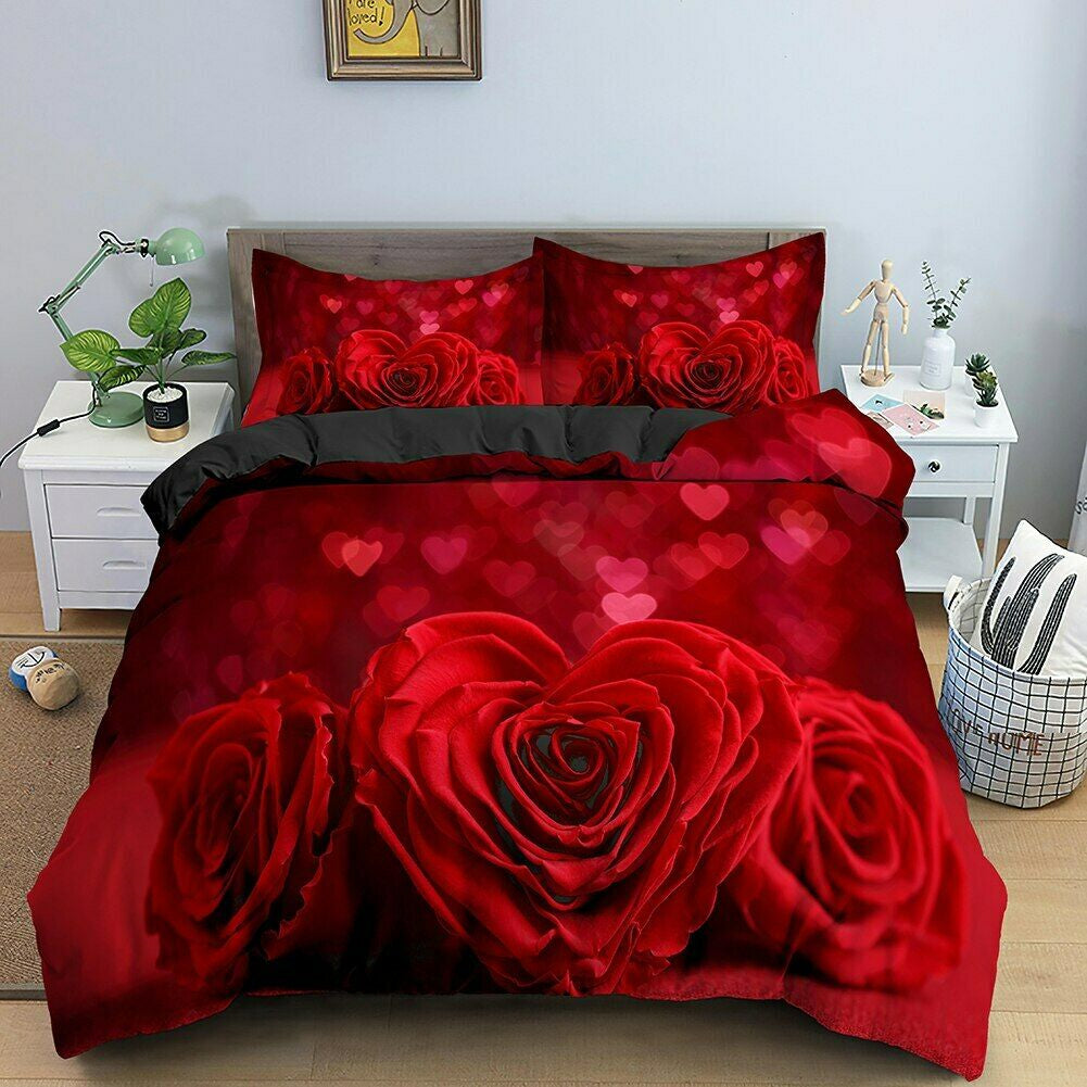 Red Rose Duvet Cover Set Full Size Soft Luxury 3D Rose Flower Microfiber Bedding Set 3Pcs Romantic Quilt Cover Queen King Size