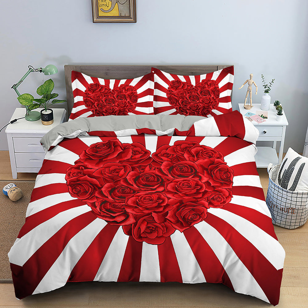 Red Rose Duvet Cover Set Full Size Soft Luxury 3D Rose Flower Microfiber Bedding Set 3Pcs Romantic Quilt Cover Queen King Size