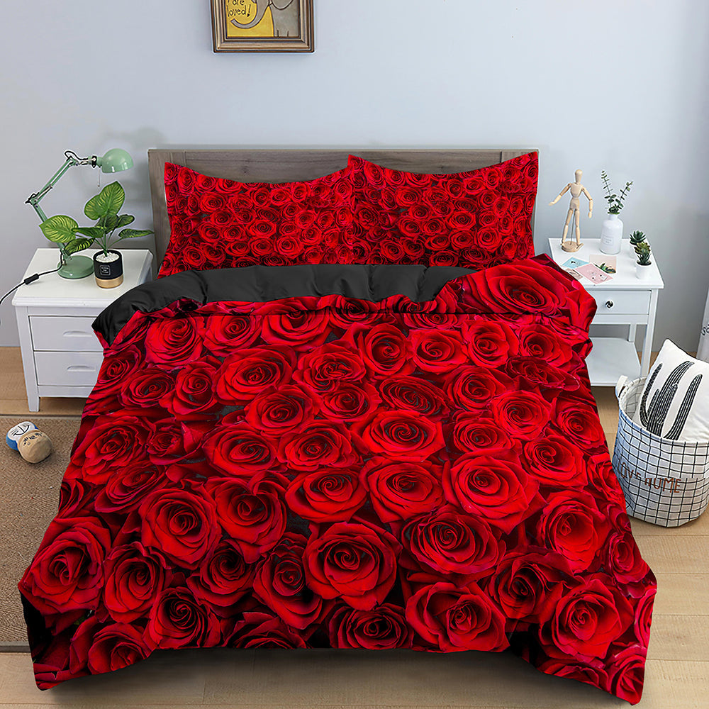 Red Rose Duvet Cover Set Full Size Soft Luxury 3D Rose Flower Microfiber Bedding Set 3Pcs Romantic Quilt Cover Queen King Size