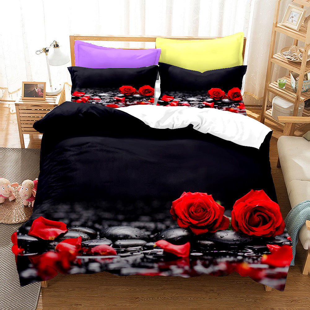 Red Rose Duvet Cover Set Full Size Soft Luxury 3D Rose Flower Microfiber Bedding Set 3Pcs Romantic Quilt Cover Queen King Size