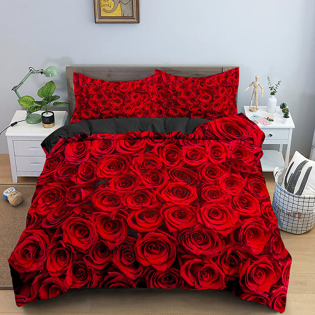 Red Rose Duvet Cover Set Full Size Soft Luxury 3D Rose Flower Microfiber Bedding Set 3Pcs Romantic Quilt Cover Queen King Size