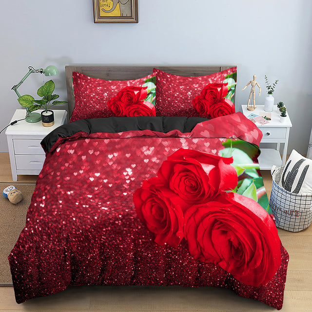 Red Rose Duvet Cover Set Full Size Soft Luxury 3D Rose Flower Microfiber Bedding Set 3Pcs Romantic Quilt Cover Queen King Size