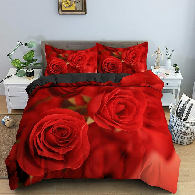 Red Rose Duvet Cover Set Full Size Soft Luxury 3D Rose Flower Microfiber Bedding Set 3Pcs Romantic Quilt Cover Queen King Size