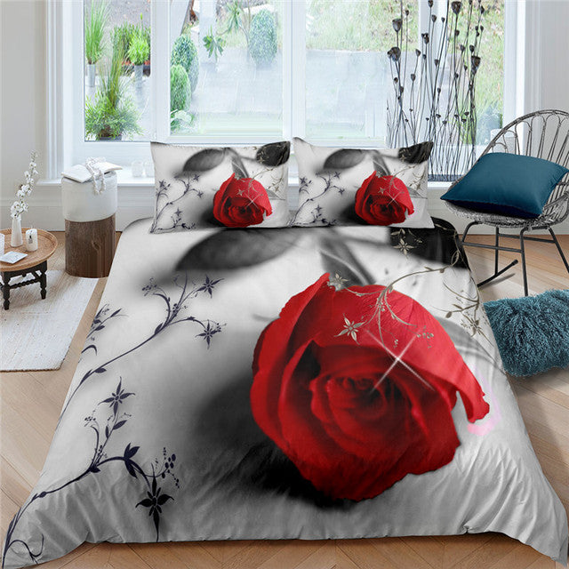 Red Rose Duvet Cover Set Full Size Soft Luxury 3D Rose Flower Microfiber Bedding Set 3Pcs Romantic Quilt Cover Queen King Size