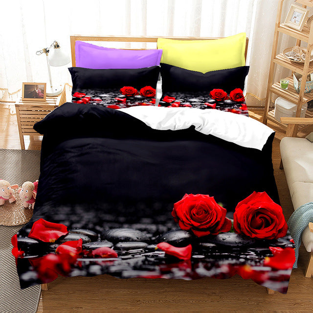 Red Rose Duvet Cover Set Full Size Soft Luxury 3D Rose Flower Microfiber Bedding Set 3Pcs Romantic Quilt Cover Queen King Size