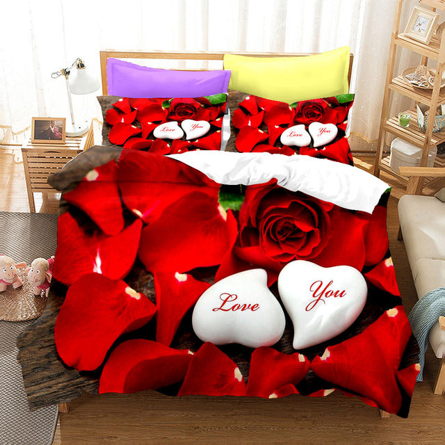 Red Rose Duvet Cover Set Full Size Soft Luxury 3D Rose Flower Microfiber Bedding Set 3Pcs Romantic Quilt Cover Queen King Size