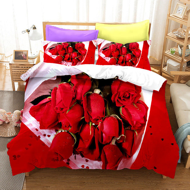Red Rose Duvet Cover Set Full Size Soft Luxury 3D Rose Flower Microfiber Bedding Set 3Pcs Romantic Quilt Cover Queen King Size
