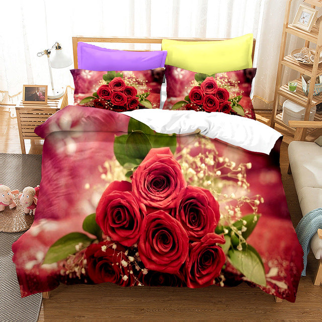 Red Rose Duvet Cover Set Full Size Soft Luxury 3D Rose Flower Microfiber Bedding Set 3Pcs Romantic Quilt Cover Queen King Size