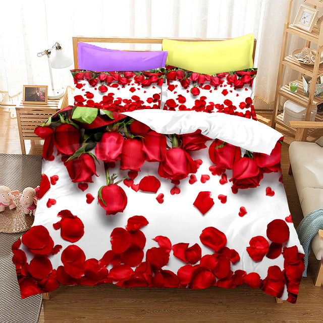 Red Rose Duvet Cover Set Full Size Soft Luxury 3D Rose Flower Microfiber Bedding Set 3Pcs Romantic Quilt Cover Queen King Size