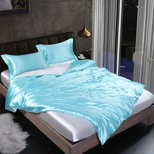 Mulberry Silk Satin Bedding Set High Quality Skin Friendly Real Silk Duvet Cover Set Solid Color King Size White Quilt Cover Set