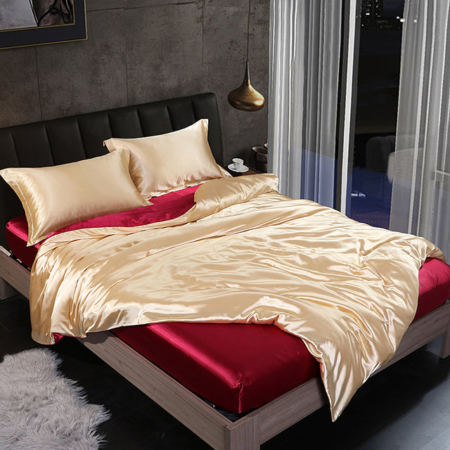 Mulberry Silk Satin Bedding Set High Quality Skin Friendly Real Silk Duvet Cover Set Solid Color King Size White Quilt Cover Set