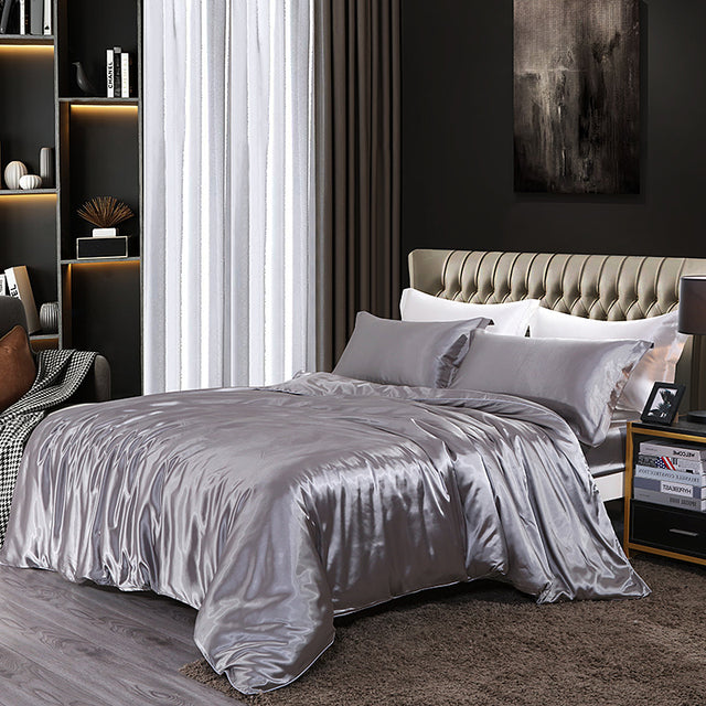Mulberry Silk Satin Bedding Set High Quality Skin Friendly Real Silk Duvet Cover Set Solid Color King Size White Quilt Cover Set