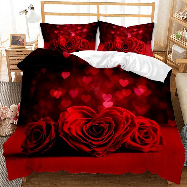 Rose Duvet Cover Set Full/Queen/King/Twin Size Soft Luxury 3D Rose Flower Microfiber Bedding Set 3Pcs Romantic Love Quilt Cover