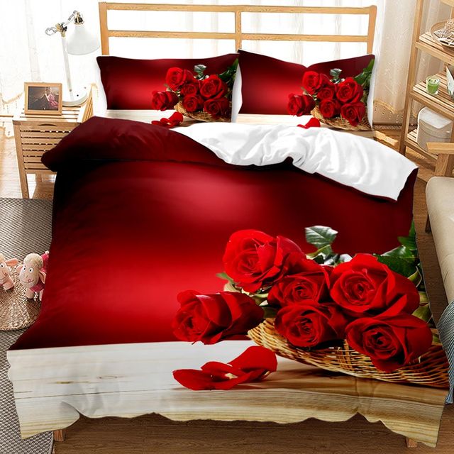 Rose Duvet Cover Set Full/Queen/King/Twin Size Soft Luxury 3D Rose Flower Microfiber Bedding Set 3Pcs Romantic Love Quilt Cover