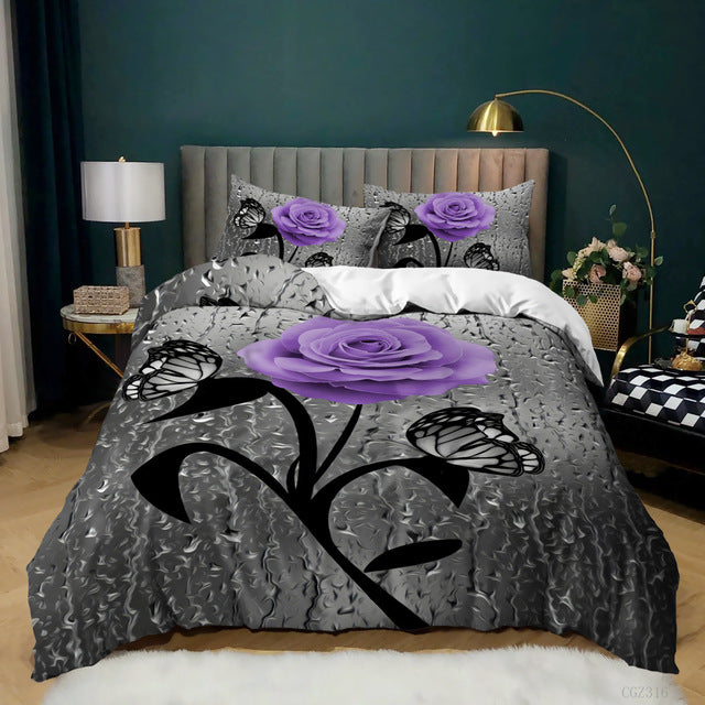 Rose Duvet Cover Set Full/Queen/King/Twin Size Soft Luxury 3D Rose Flower Microfiber Bedding Set 3Pcs Romantic Love Quilt Cover
