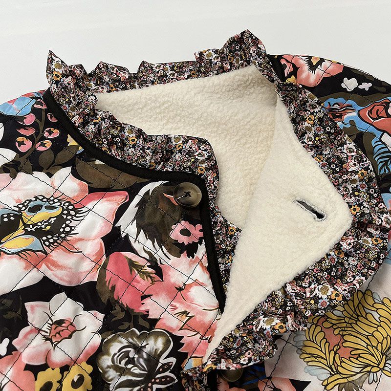 Fur Shearling Block Ruffle Edges Flowers Quilted Floral Patchwork Bomber Jacket