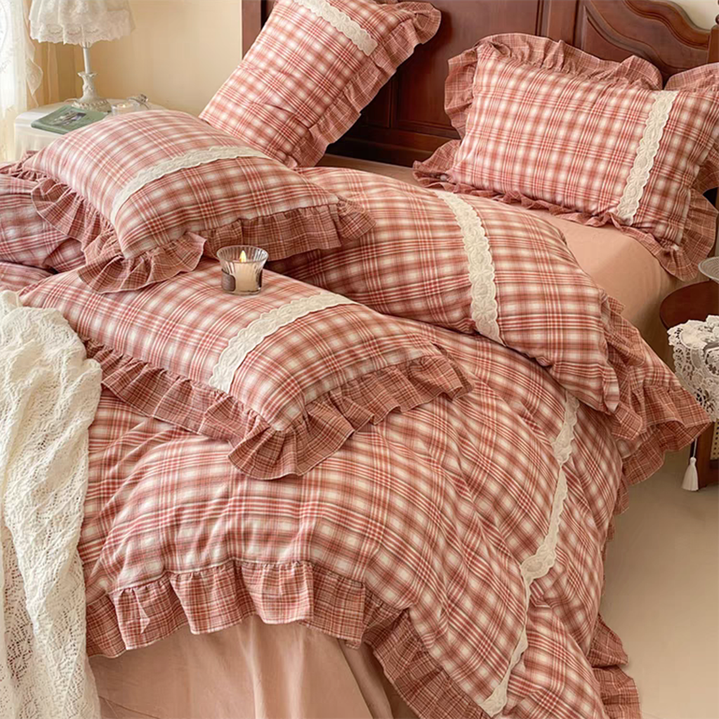 Red Tartan Plaid Ruffle Bedding Set