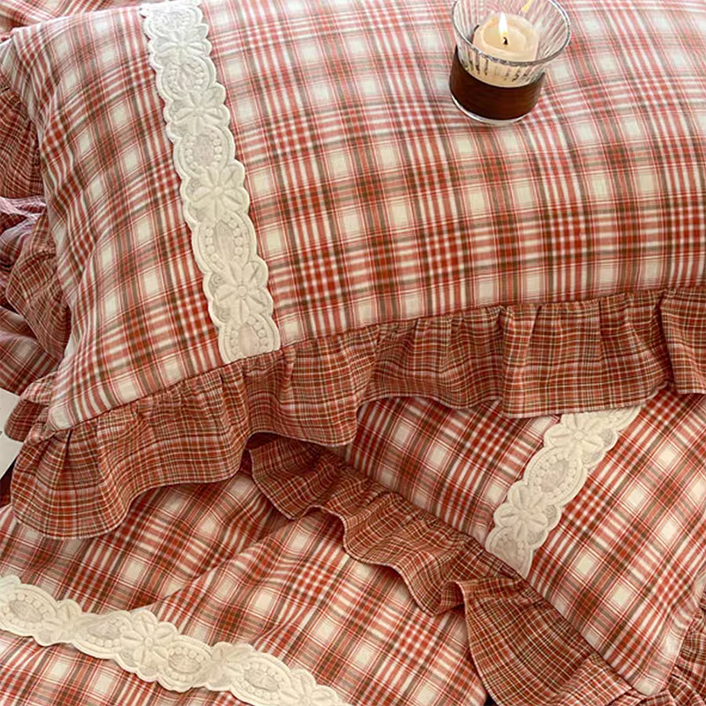 Red Tartan Plaid Ruffle Bedding Set