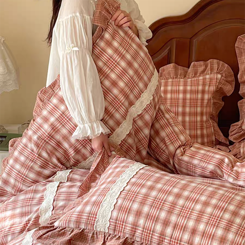 Red Tartan Plaid Ruffle Bedding Set