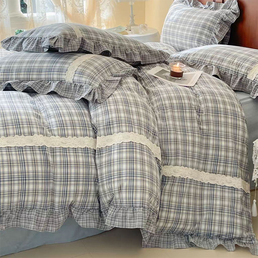 Red Tartan Plaid Ruffle Bedding Set