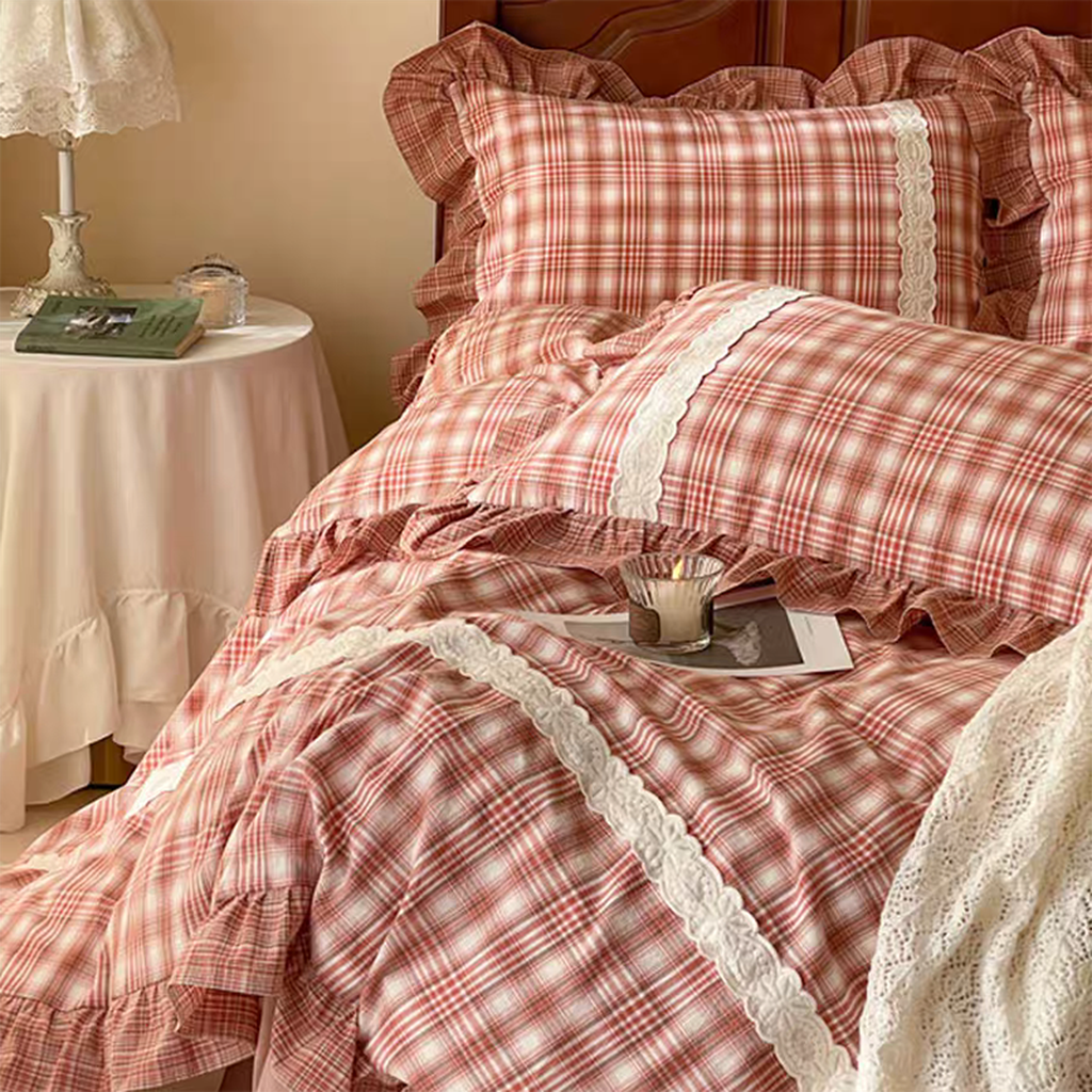 Red Tartan Plaid Ruffle Bedding Set