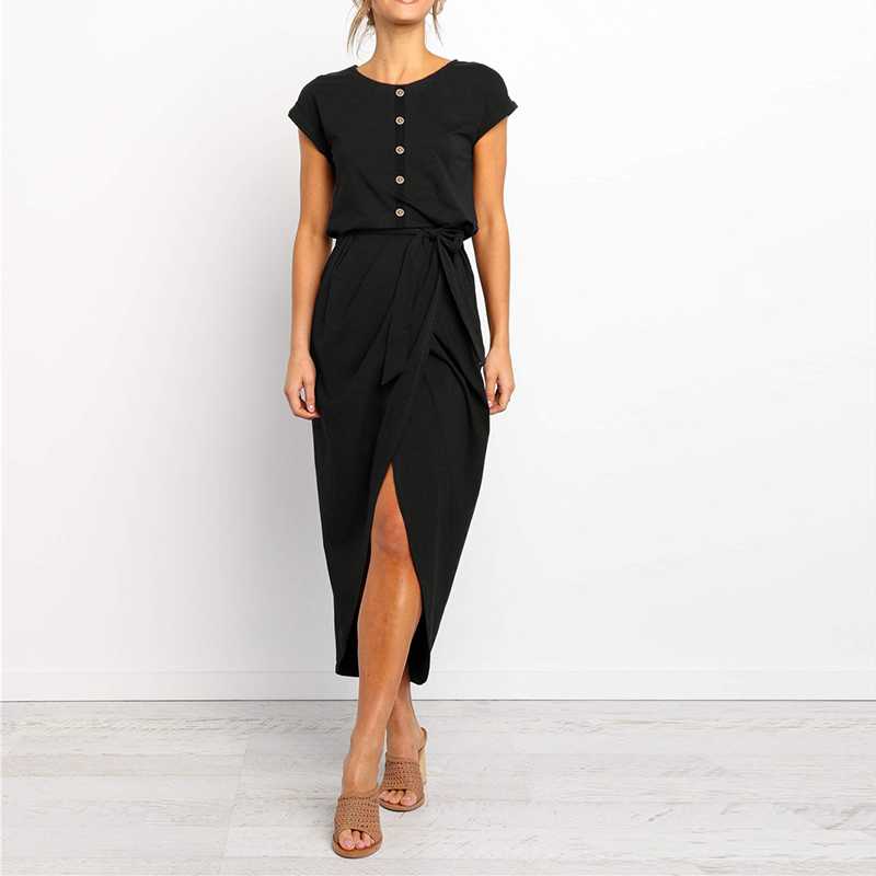 Buttons Short Sleeve Tie Waist Midi Dress With Slit