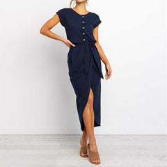 Buttons Short Sleeve Tie Waist Midi Dress With Slit