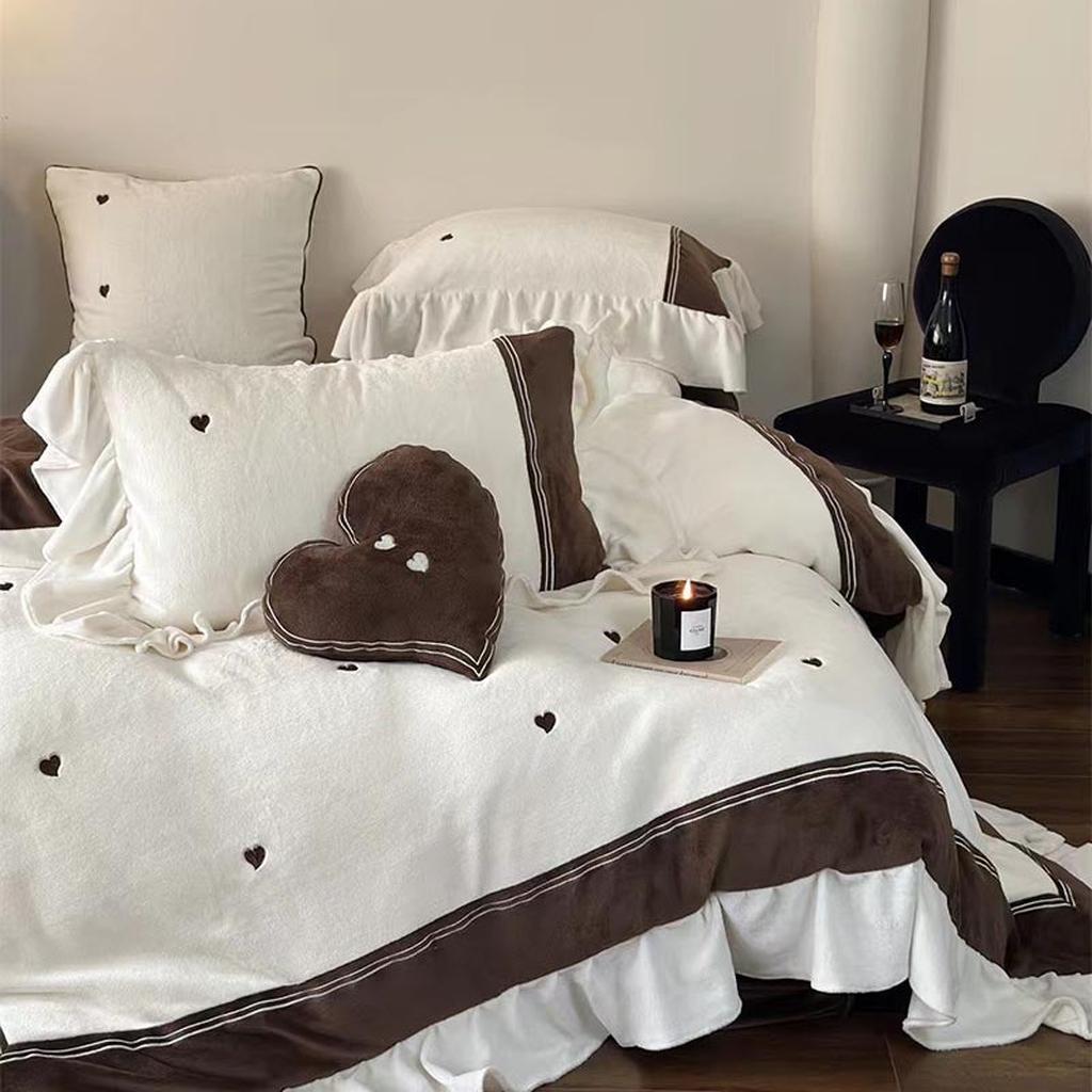Velvet Heart Embroidery Ruffle Bedding Set - Cream White