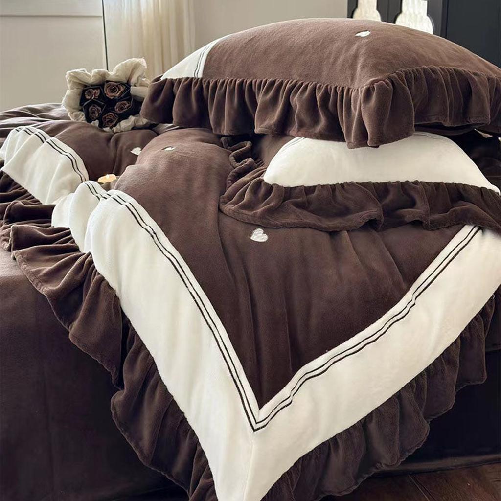 Velvet Heart Embroidery Ruffle Bedding Set - Cream White