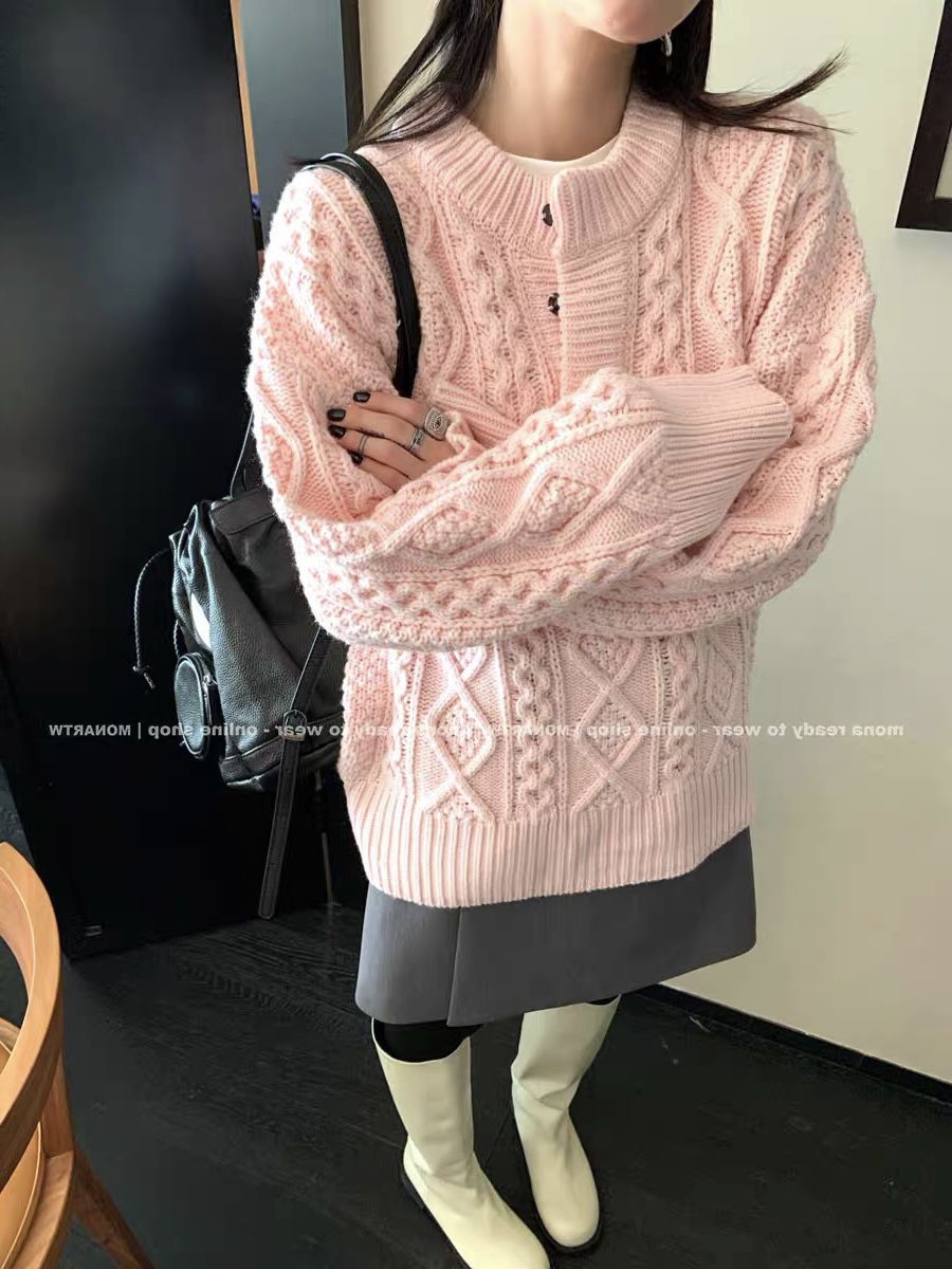 Chunky Cable Knit V Neck Button Up Sweater Jumper