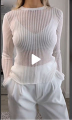 Basic White Ribbed Knitted Lightweight Long Sleeve Top Sweaters